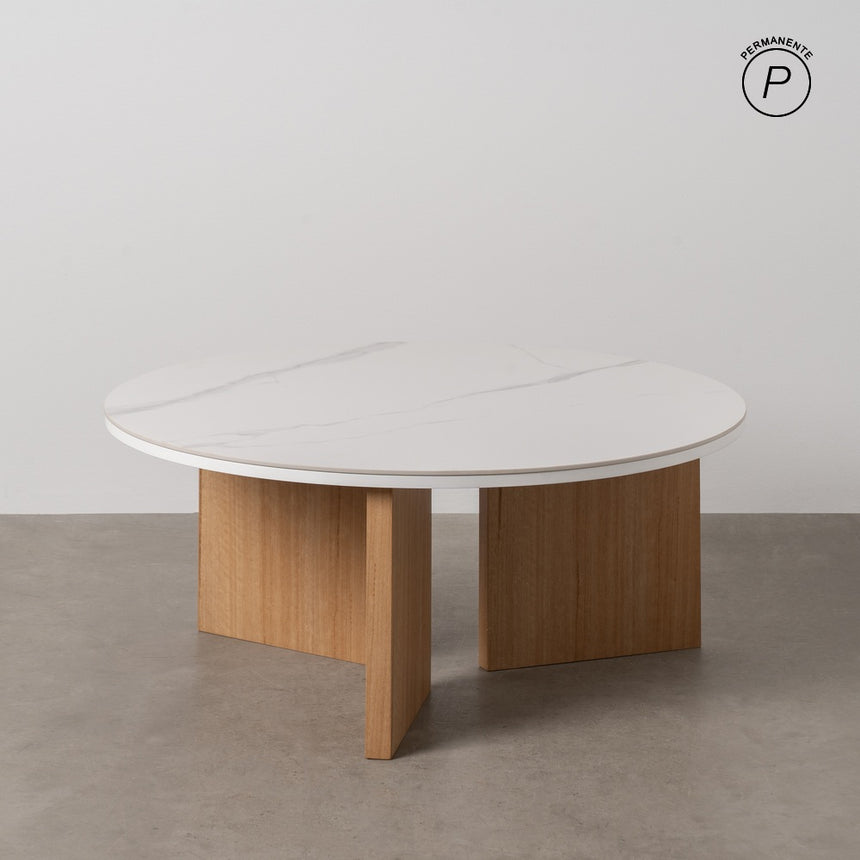 Mesa de centro de metal y cerámica en blanco y tono natural 80x80x35 cm