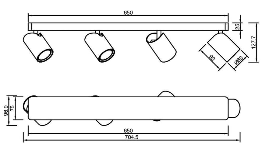 Plano de medidas - Mantra Sal Foco regleta 4 luces orientables blanco mate 6280