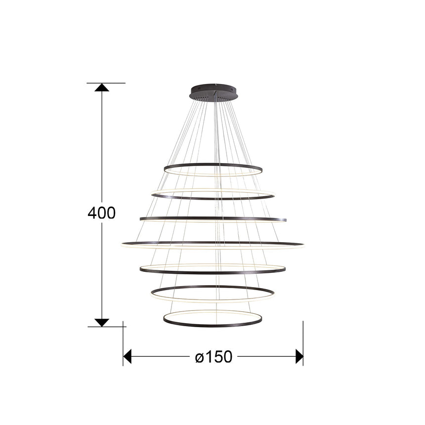 Lámpara de techo colgante de 7 aros Schuller Odessa grande bronce oscuro CCT con mando dimensiones