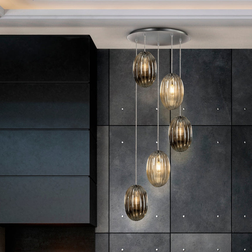 Lámpara de techo colgante Schuller Ovila grande 5 luces cromo y coñac Ø60cm 752268 - imagen 3