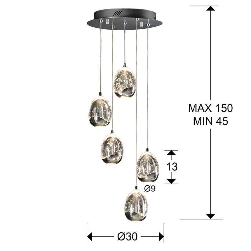 Medidas y dimensiones - Lámpara de techo colgante Schuller Rocío 5 luces cromo 3000K regulable con mando 783517D