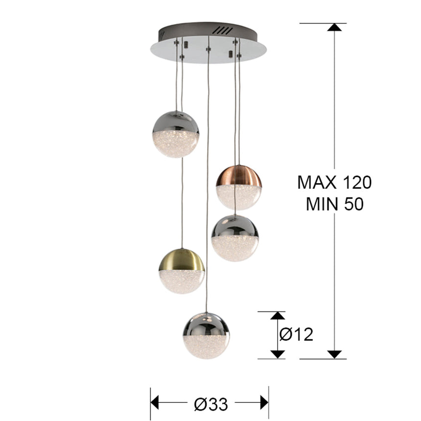 Medidas y dimensiones - Lámpara de techo colgante bolas Schuller Sphere 5 luces cromo y latón 3000K Ø33cm 793534