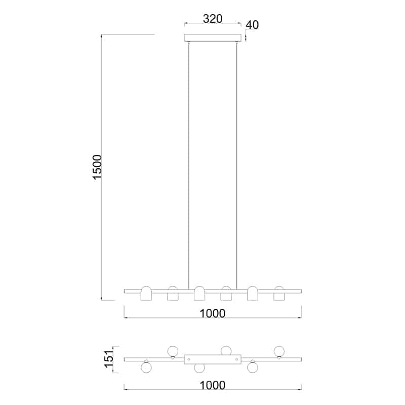 Plano de medidas - Mantra IOS Lámpara de techo colgante lineal blanco 6 luces GU10 7936