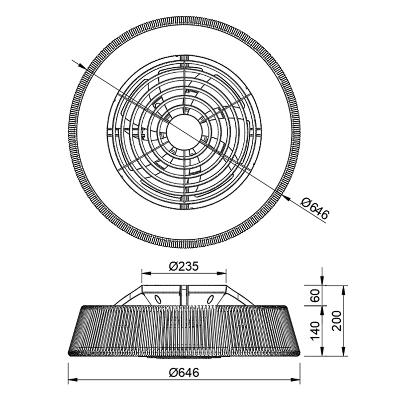 Plano de medidas - Mantra Polinesia Ventilador de techo con luz plafón LED 70W textil 8227