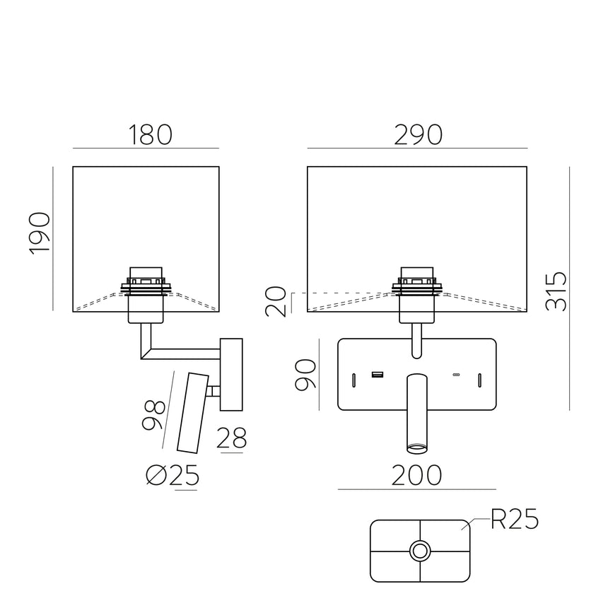 ACB Romeo Aplique LED Negro Texturado 3W 3000K + 15W interruptores orientable USB C A3971081N