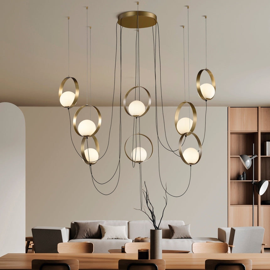 ACB Halo Lámpara colgante LED 8 luces oro técnico opal C3815871O