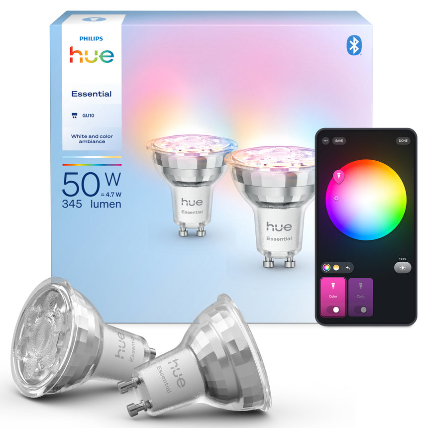 Philips Hue White and Color Ambiance Bombilla dicroica Essential RGBW GU10 4,7W (2 uds) 8720169392489