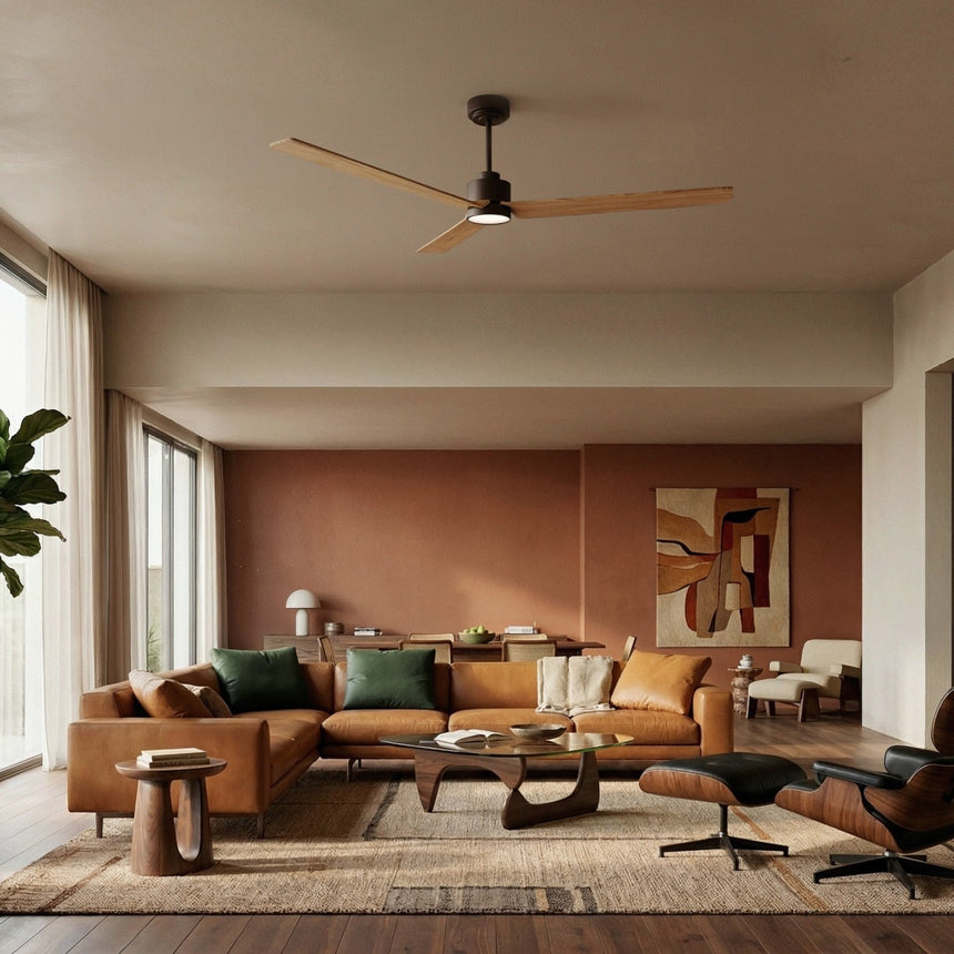 Ventilador de techo con luz Sulion Anne 160cm LED marrón óxido y madera clara motor DC — vista 2