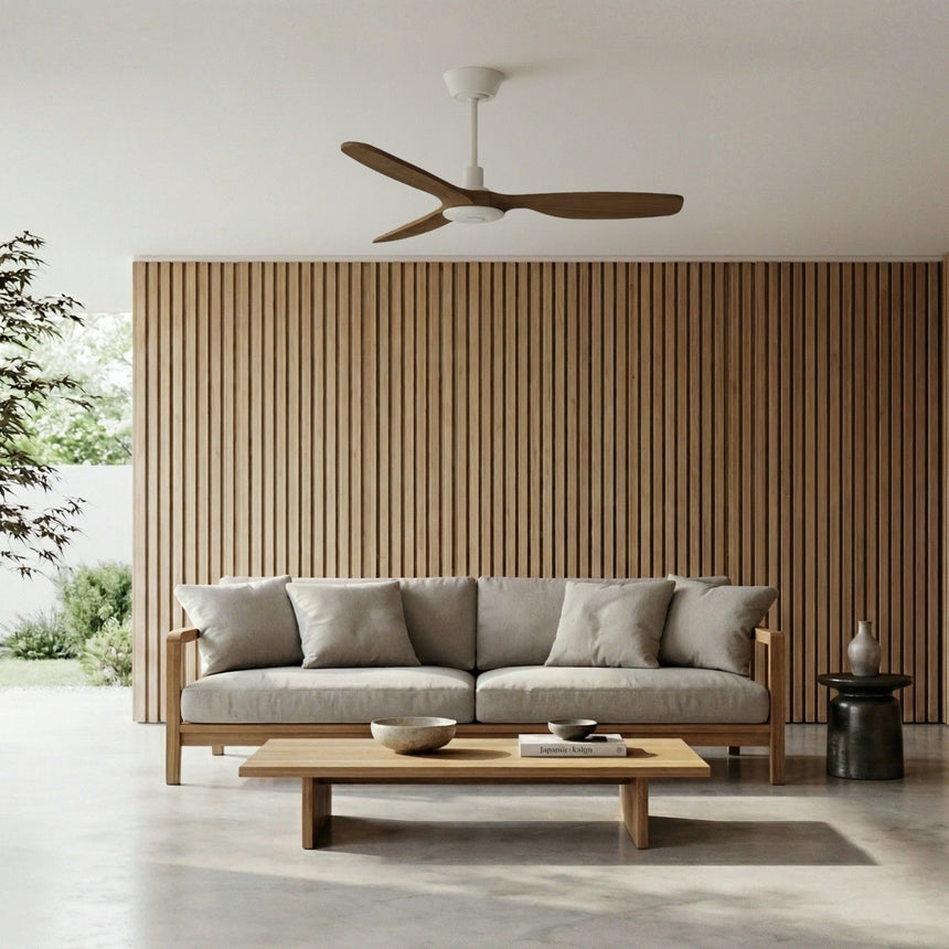Ventilador de techo con luz Sulion Balcony Neo 107cm blanco y madera oscura motor DC — vista 2