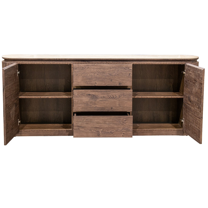 Aparador Camacho 68562 de madera y cerámica, puertas abiertas y distribución interior