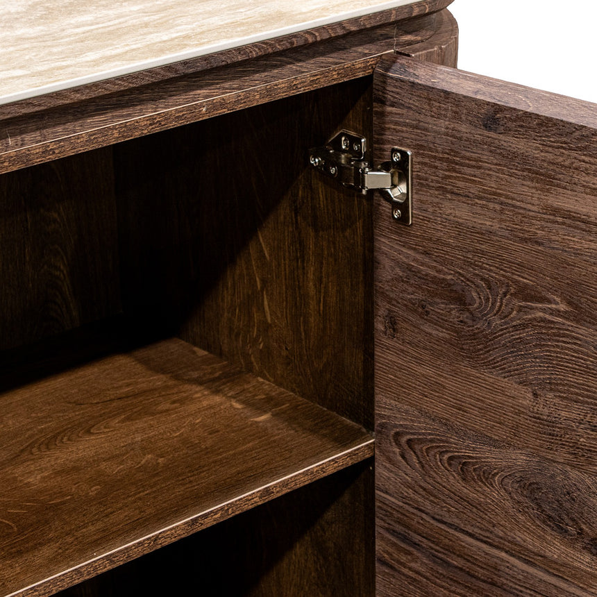 Aparador Camacho 68562 de madera y cerámica, detalle de puerta, bisagra y balda interior
