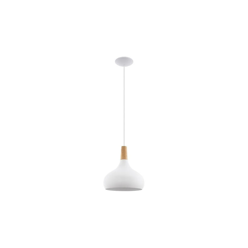 Vista completa de la lámpara colgante EGLO Sabinar 96982, con cable blanco y pantalla blanca y madera