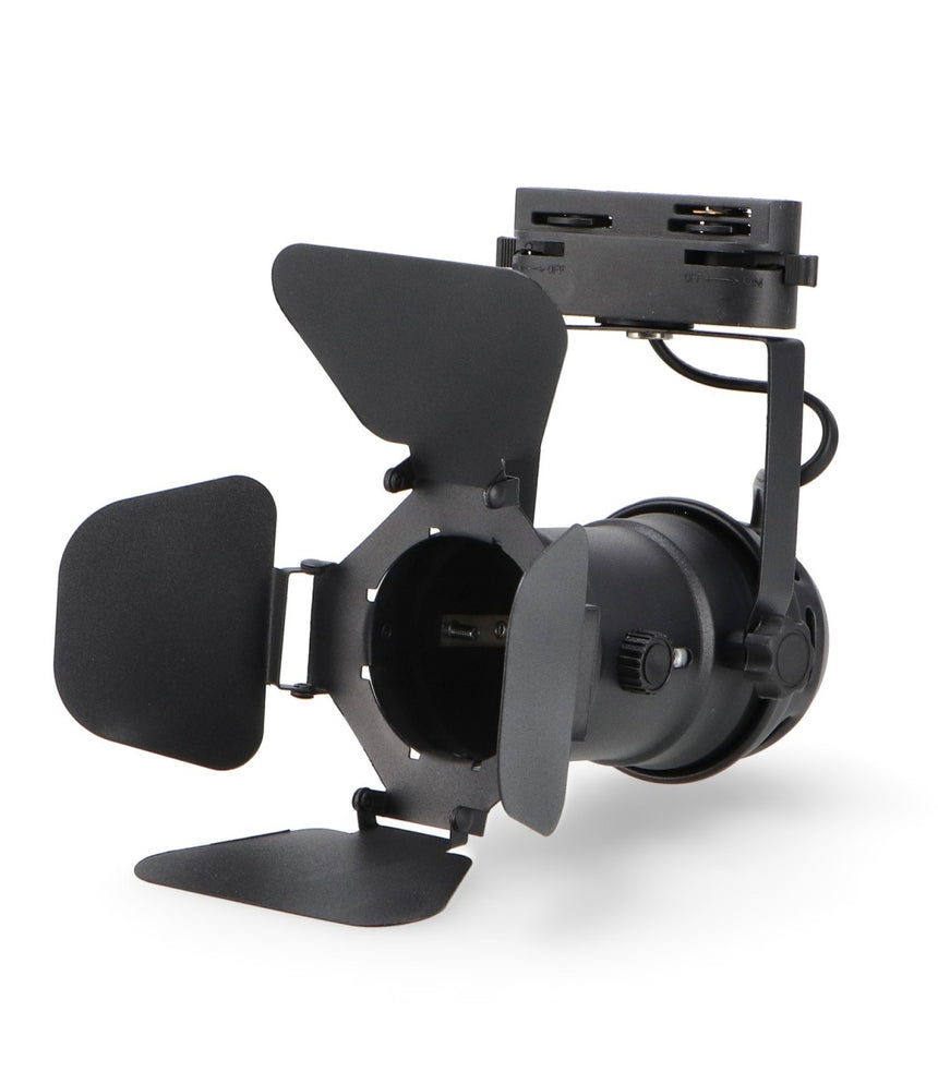Foco de carril LEDME Movie LM4342 negro con casquillo GU10 y aletas metálicas, vista completa