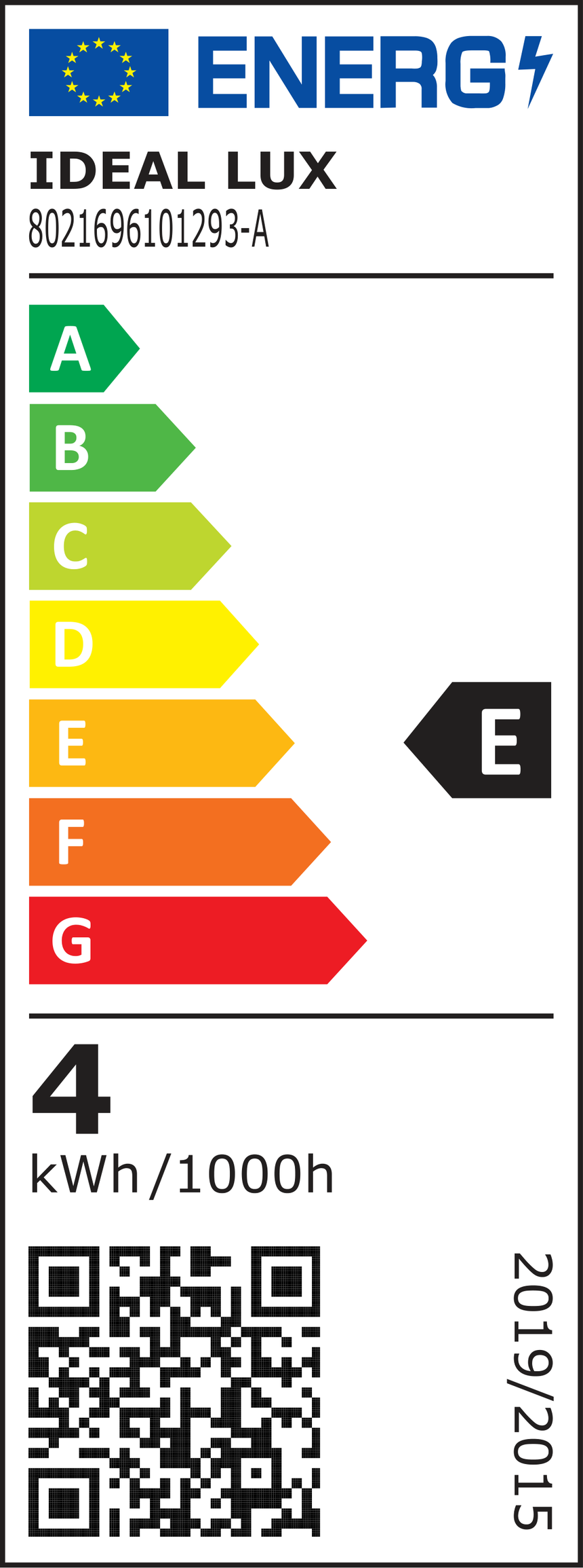 Etiqueta energética oficial Ideal Lux 101293: clase E y consumo de 4 kWh por 1000 horas