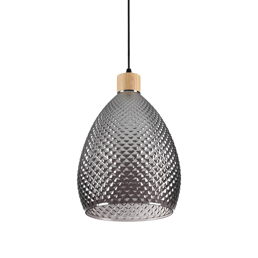 Lámpara colgante Ideal Lux Bergen-1 238746 de cristal fumé con relieve y madera natural