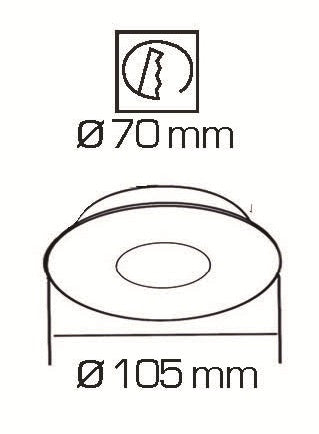 Medidas del empotrable Incolamp 549-B: diámetro exterior 105 mm y corte 70 mm