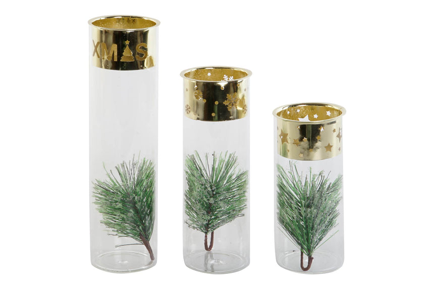 Juego de tres portavelas ITEM NV-207078 de cristal y metal dorado con pino decorativo