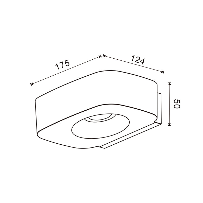 Plano del aplique Plit: 175 mm de ancho, 124 mm de fondo y 50 mm de alto