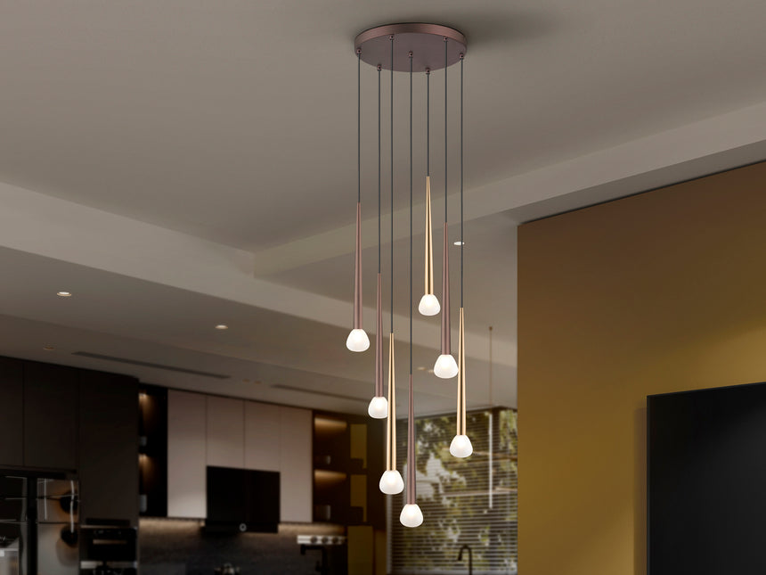 Schuller Komet 312691: lámpara de siete luces en oro y café, vista completa en un salón