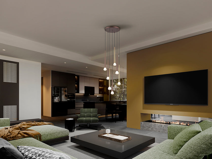 Ambiente oficial con Schuller Komet 312691, lámpara de siete luces en oro brillo, café mate y cristal opal