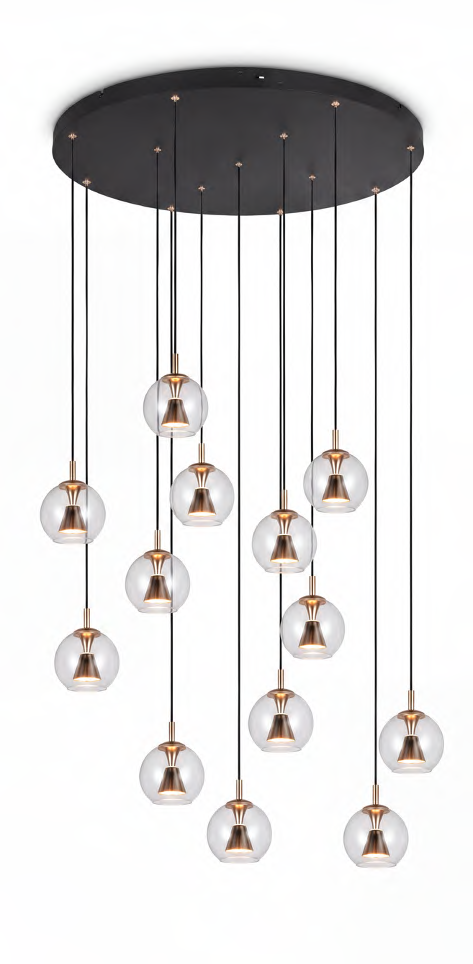 Lámpara colgante Trio Solenne 394731380 de trece luces, florón circular negro y esferas transparentes con detalles dorados