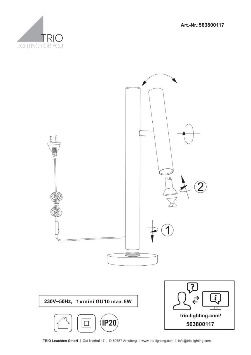 Esquema oficial de montaje de Trio Terloa 563800117: instalación y colocación de bombillas Mini GU10, IP20
