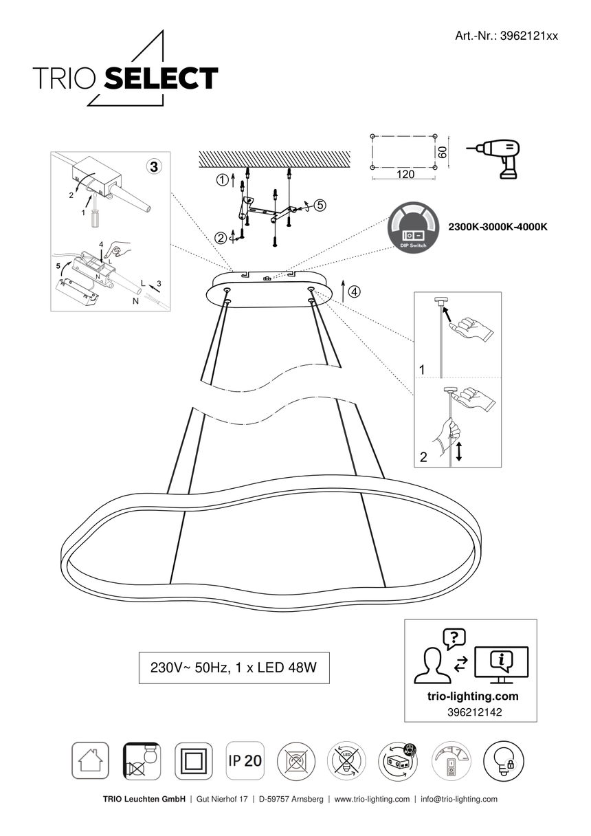 Esquema oficial de montaje Aurum 3962121xx: suspensión ajustable y selector DIP; incluye la referencia 396212143