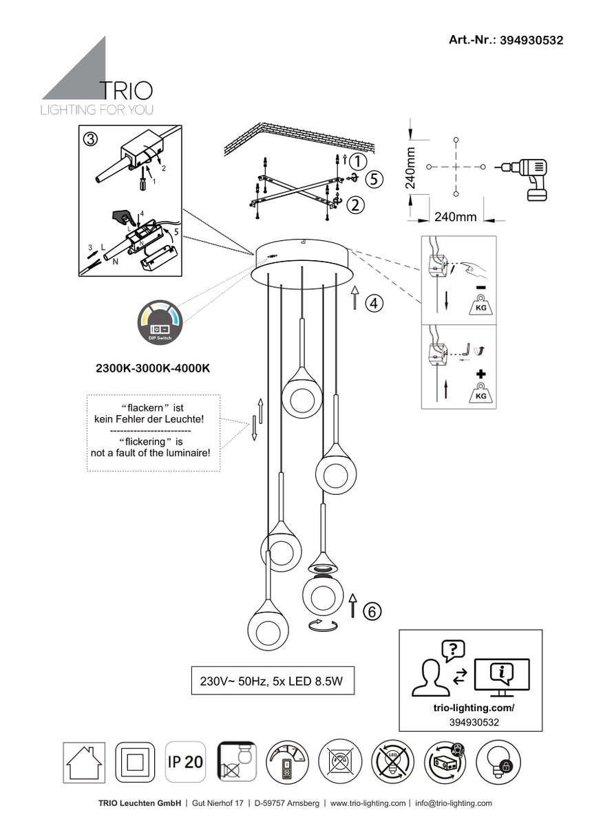 Esquema oficial de montaje de Trio 394930532, alimentación, clase eléctrica y protección IP20