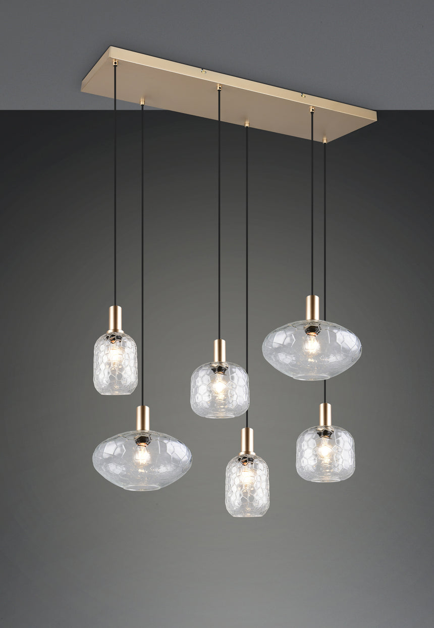Lámpara colgante Trio Emelie R38156052, seis tulipas de cristal transparente y soporte rectangular dorado