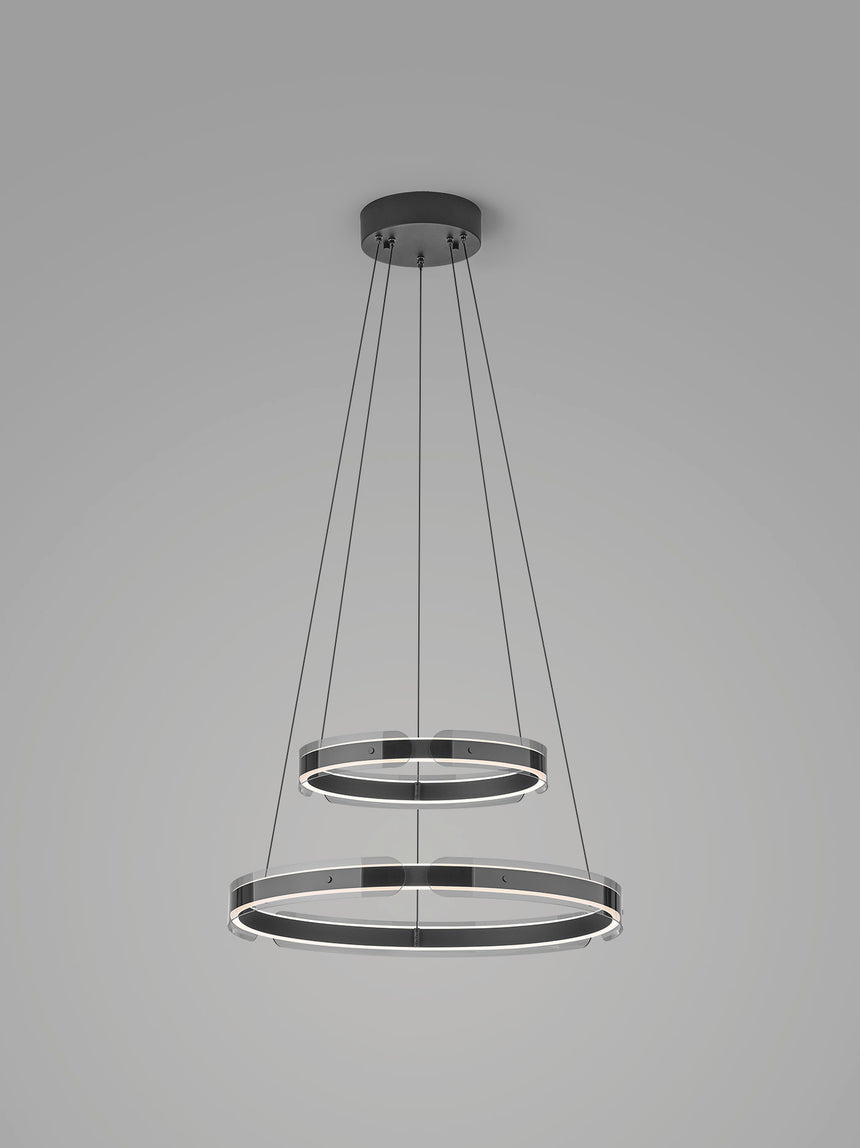 Lámpara colgante Valeria de dos aros en negro mate y acrílico ahumado, con luz superior e inferior
