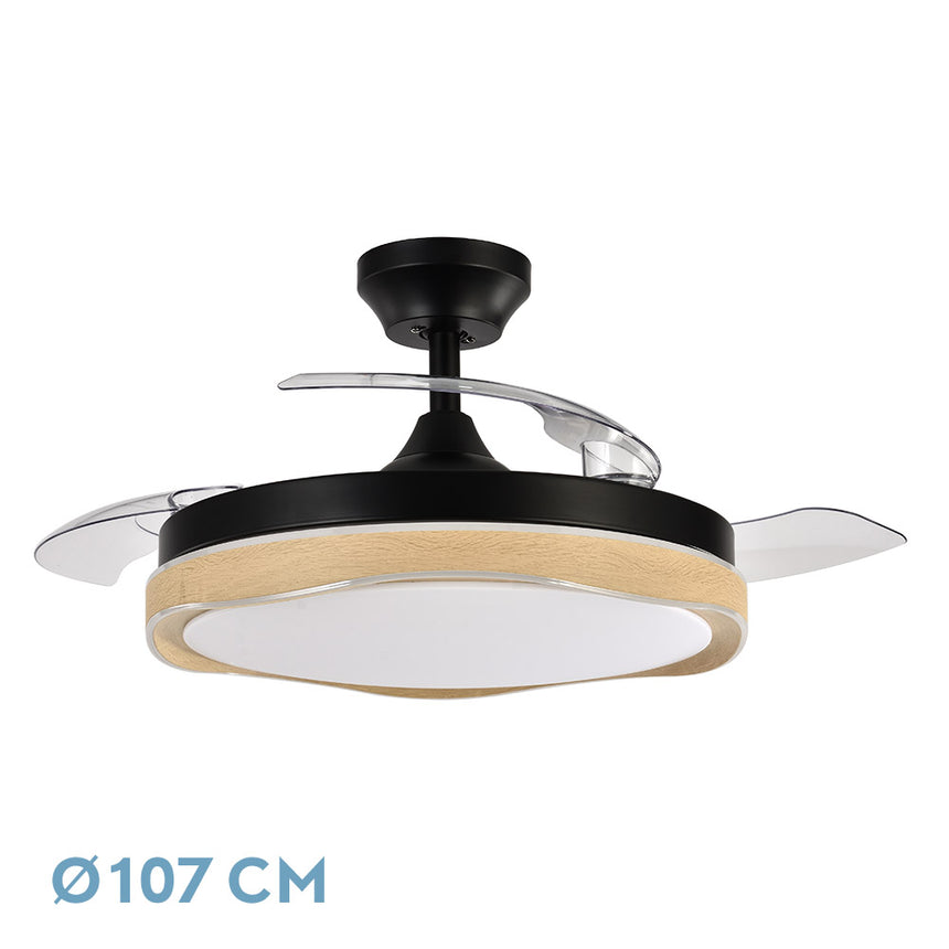 Ventilador de techo retráctil Fabrilamp Blondi LED negro madera 3 palas motor DC 3000-6000K Ø107cm — vista 1