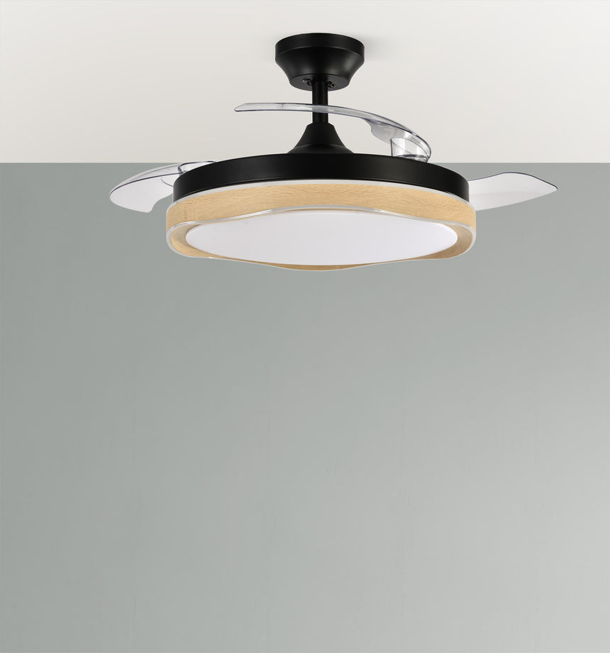 Ventilador de techo retráctil Fabrilamp Blondi LED negro madera 3 palas motor DC 3000-6000K Ø107cm — vista 4