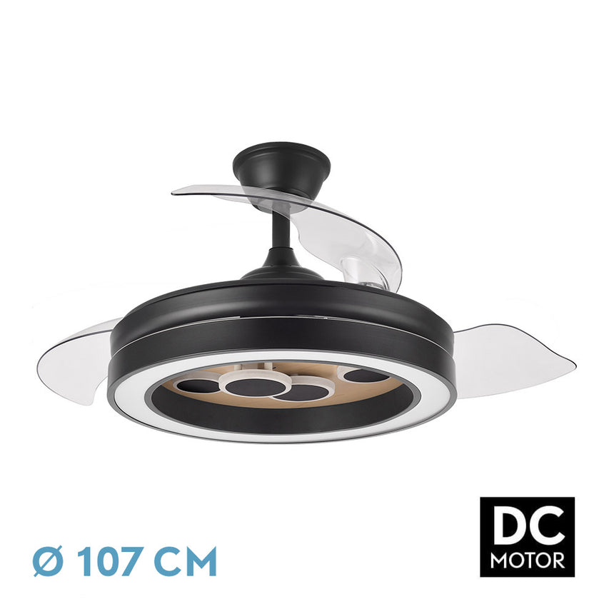 Ventilador de techo retráctil Fabrilamp Cupido LED negro madera 3 palas motor DC 3000-6500K Ø107cm — vista 1