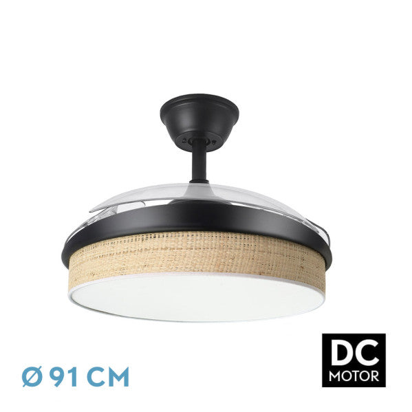 Ventilador de techo retráctil Fabrilamp Moda LED negro cañizo claro 3 palas motor DC Ø91cm 72W 212480609