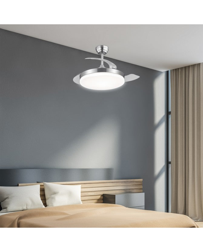 Ventilador de techo retráctil con luz AJP Mini Malta LED níquel satinado 3 palas 3000-6500K Ø40cm 36W 11529