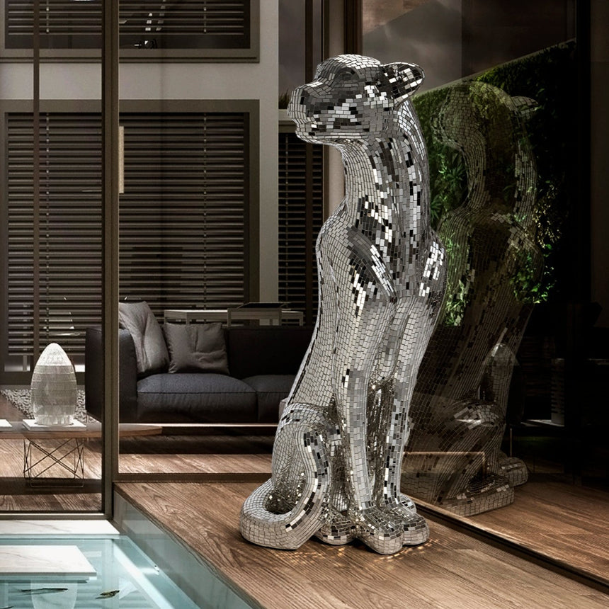 Schuller Figura Baguira leopardo plata espejo 150cm vibra vidrio 523306