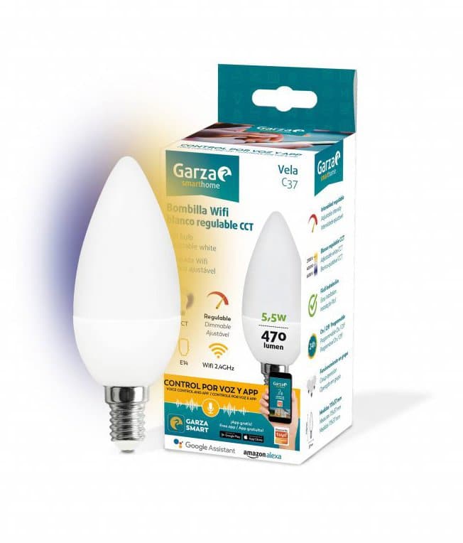 Garza 401273 Smarthome WiFi LED Bulb CCT 5.5w Smart E14 Candle, Voice and Alexa Control, 5.5 W, White