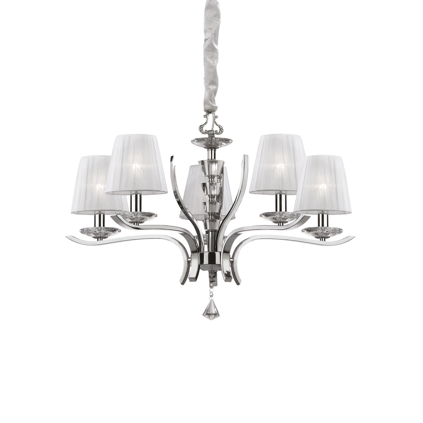 Lámpara colgante Ideal Lux Pegaso blanco cristal y tela 5 luces 140W Ø72cm 066448