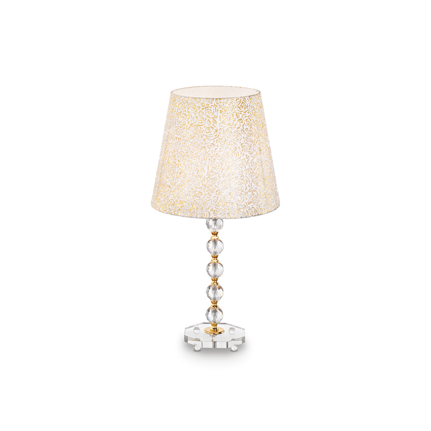 Lámpara de sobremesa Ideal Lux Queen dorado cristal y tela 60W Ø35cm 077758