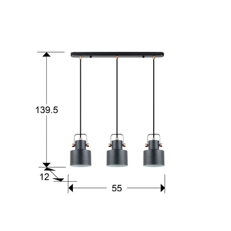 Lámpara de techo colgante Schuller Erika 3 luces negro y cobre satinado 12494 dimensiones
