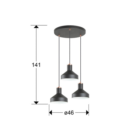 Lámpara de techo colgante Schuller Irias 3 luces negro y cobre satinado Ø46cm 12546 dimensiones