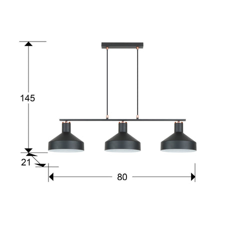 Lámpara de techo colgante Schuller Irias 3 luces negro y cobre satinado 12555 dimensiones