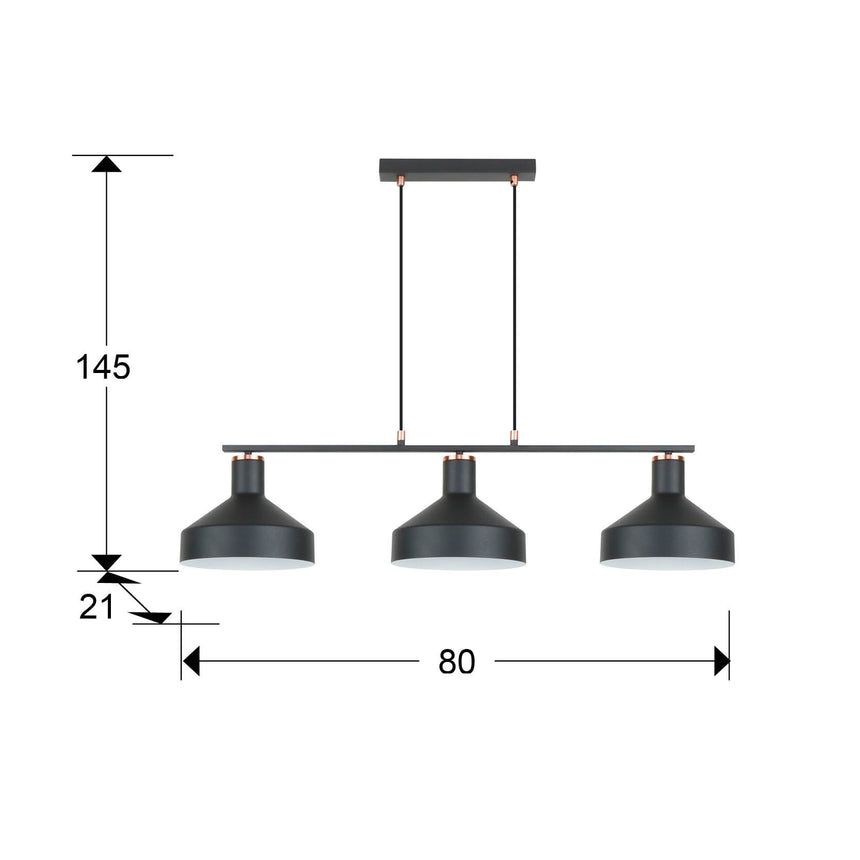 Lámpara de techo colgante Schuller Irias 3 luces negro y cobre satinado 12555 dimensiones