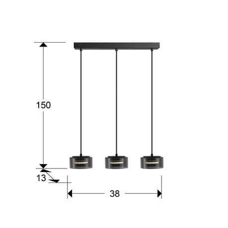 Lámpara de techo colgante Schuller Olaia 3 luces negro y smoky 3000K 12670 dimensiones