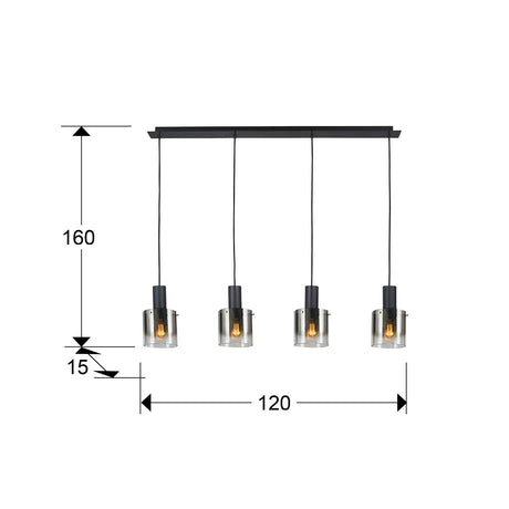 Lámpara de techo colgante Schuller Venize 4 luces negro y smoke 12828 dimensiones