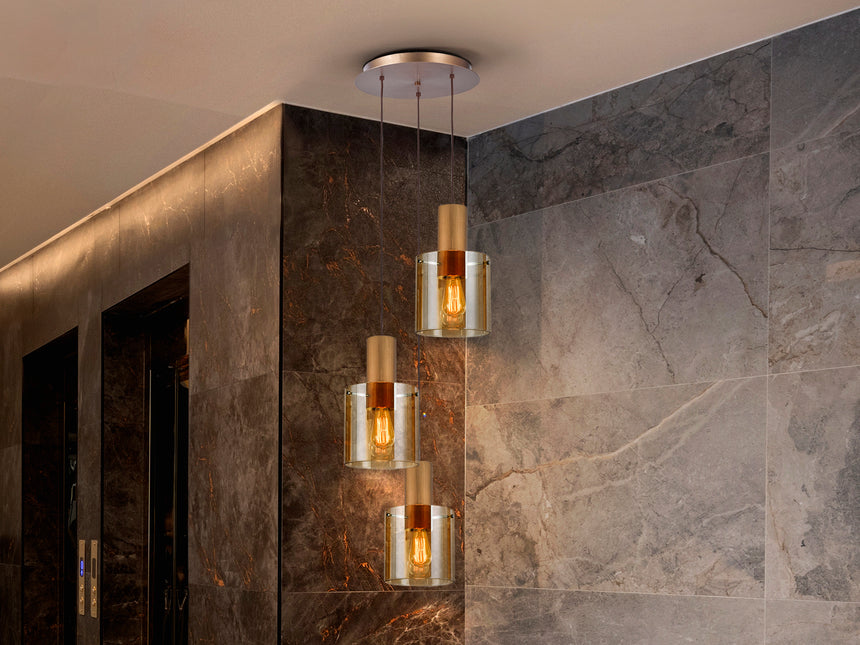 Lámpara de techo colgante Schuller Venize 3 luces cobre satinado y ambar Ø37cm 12980