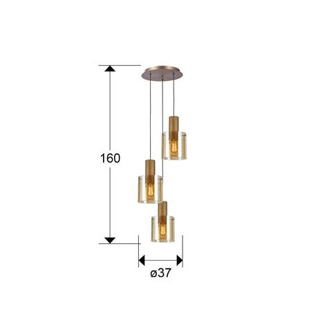 Lámpara de techo colgante Schuller Venize 3 luces cobre satinado y ambar Ø37cm 12980 dimensiones