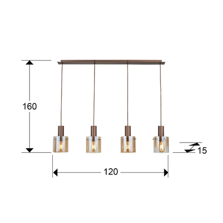 Lámpara de techo colgante Schuller Venize 4 luces cobre satinado y ambar 12999 dimensiones