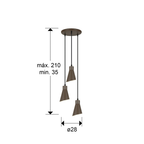 Lámpara de techo colgante Schuller Bera 3 luces marrón 13321 dimensiones