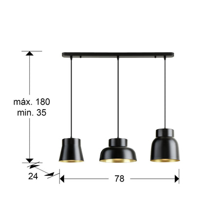 Lámpara de techo colgante Schuller Vulcano 3 luces negro y dorado 13572 dimensiones